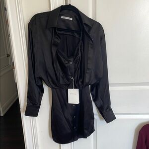 Alexander Wang Black Satin Button-Up Shirt Dress